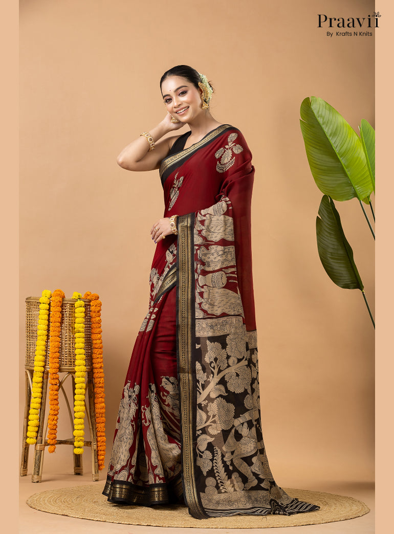 Maroon Silk by Cotton Saree