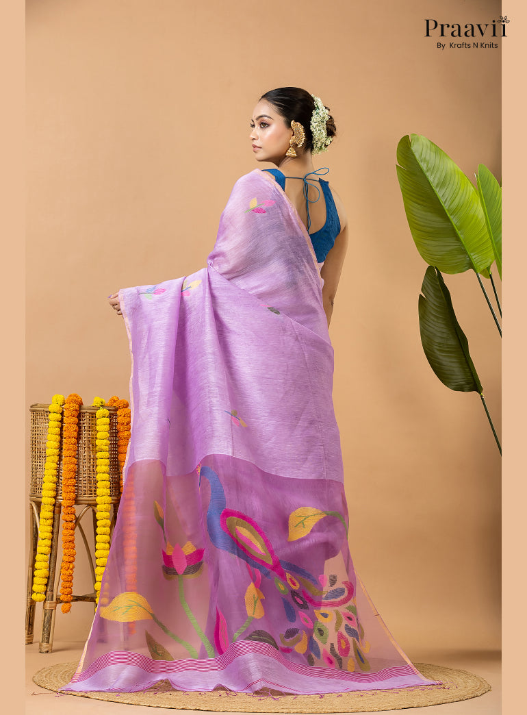 Lavender Pure Silk Linen Jamdani Saree with Muslin Pallu