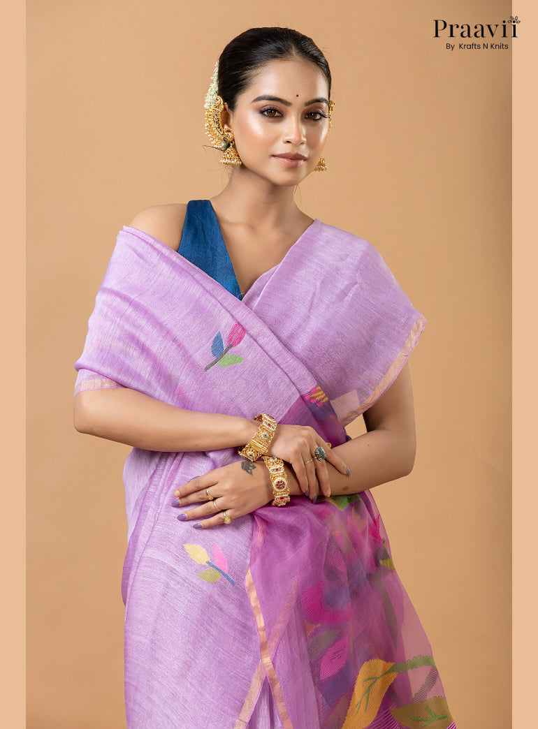 Lavender Pure Silk Linen Jamdani Saree with Muslin Pallu