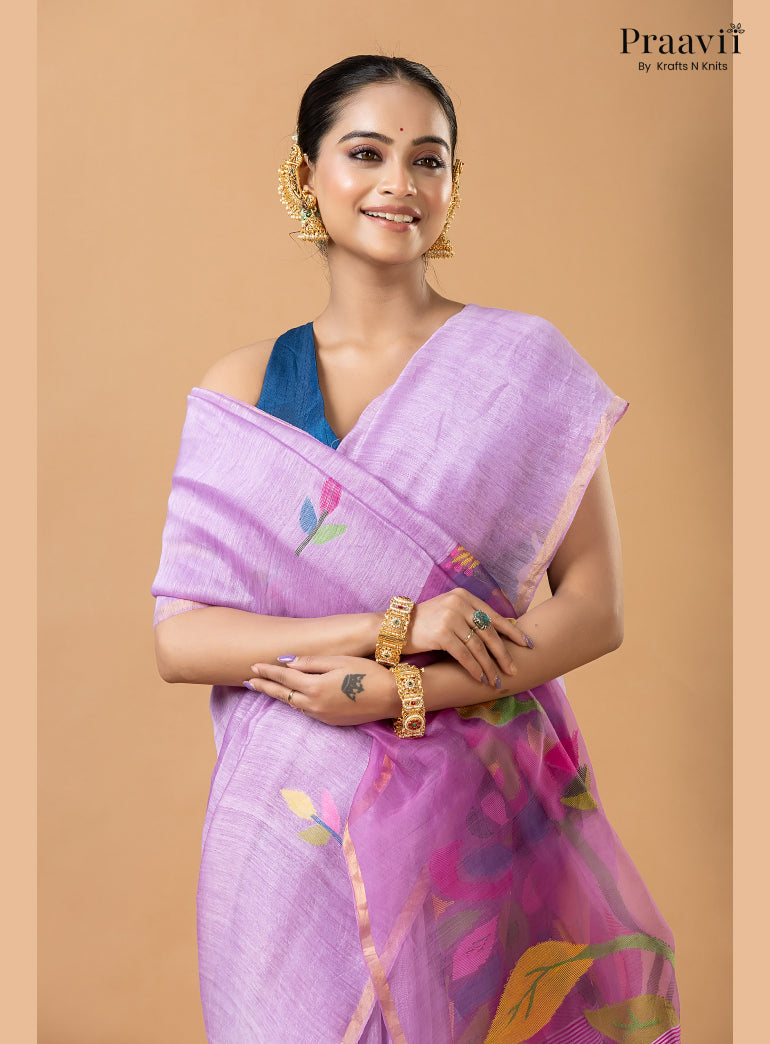 Lavender Pure Silk Linen Jamdani Saree with Muslin Pallu