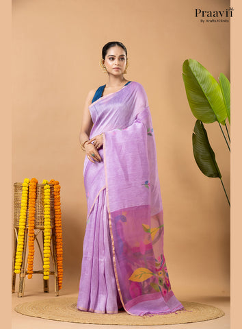 Lavender Pure Silk Linen Jamdani Saree with Muslin Pallu
