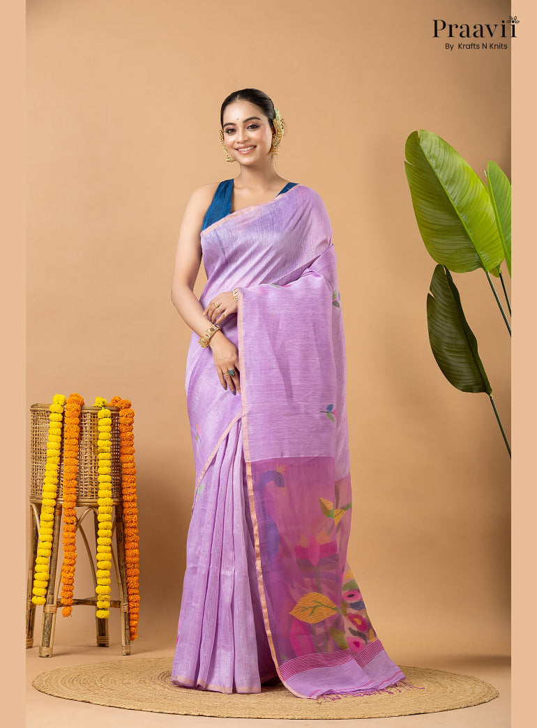 Lavender Pure Silk Linen Jamdani Saree with Muslin Pallu