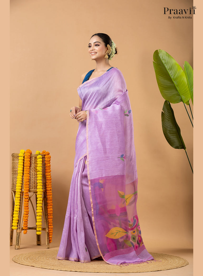 Lavender Pure Silk Linen Jamdani Saree with Muslin Pallu