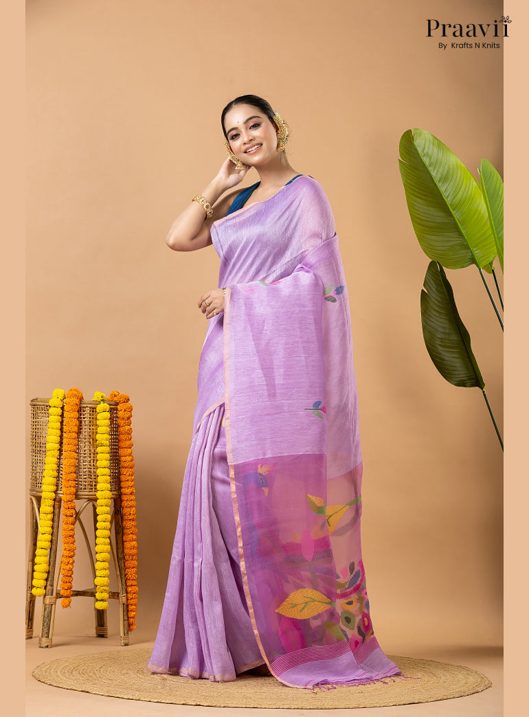 Lavender Pure Silk Linen Jamdani Saree with Muslin Pallu
