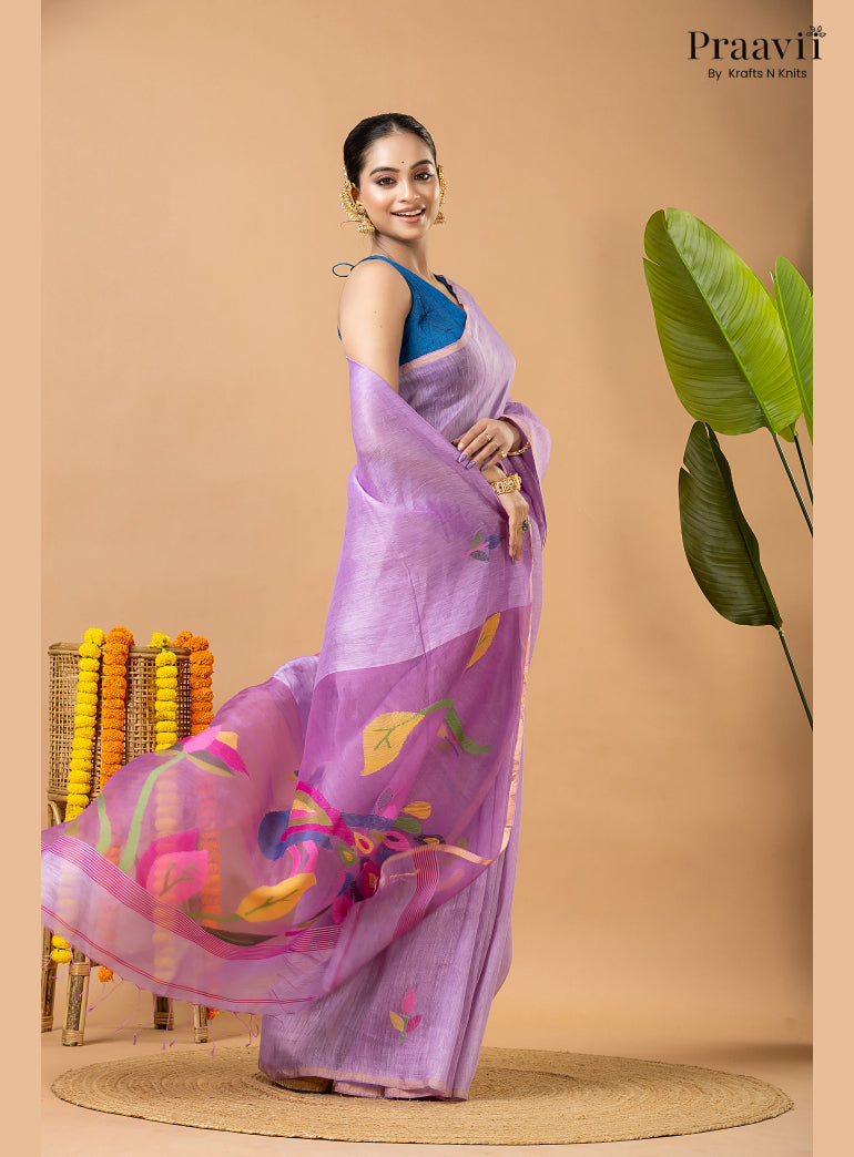 Lavender Pure Silk Linen Jamdani Saree with Muslin Pallu