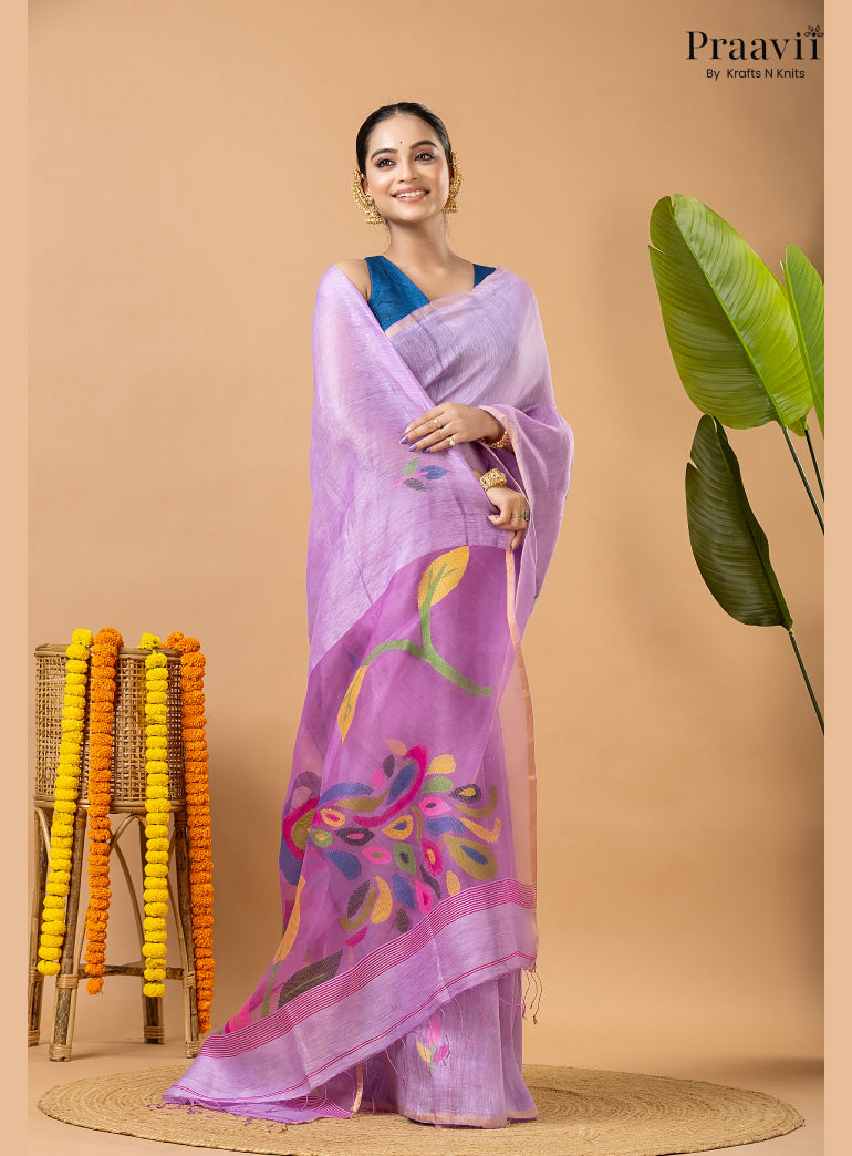 Lavender Pure Silk Linen Jamdani Saree with Muslin Pallu