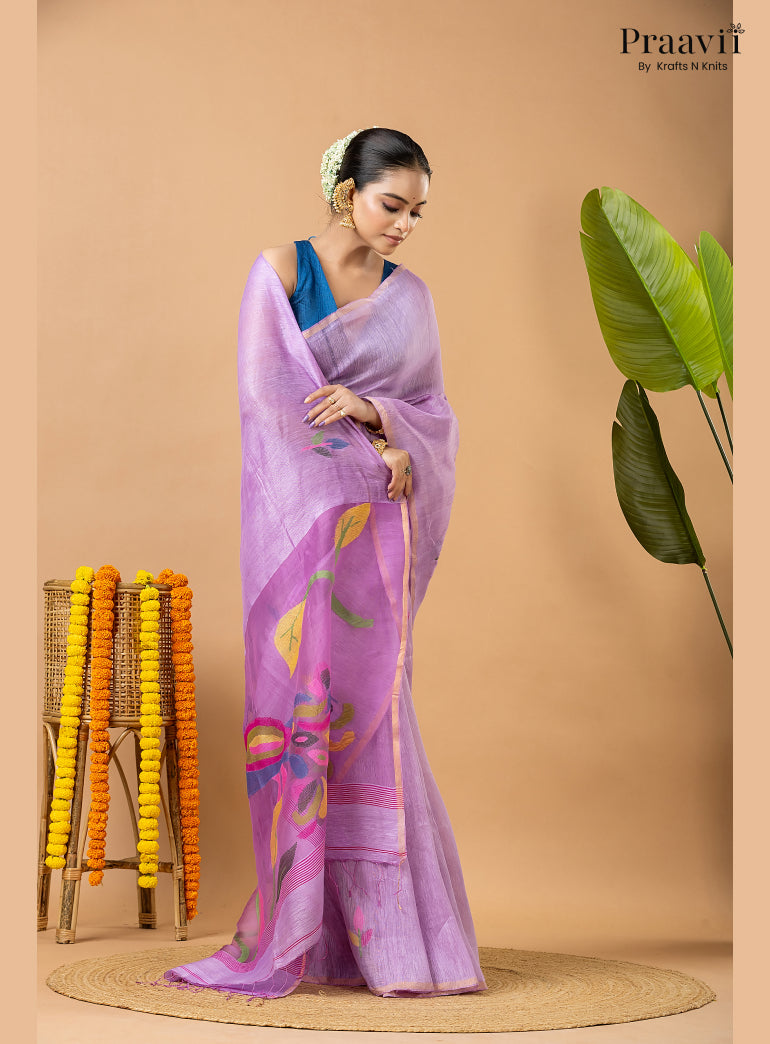 Lavender Pure Silk Linen Jamdani Saree with Muslin Pallu