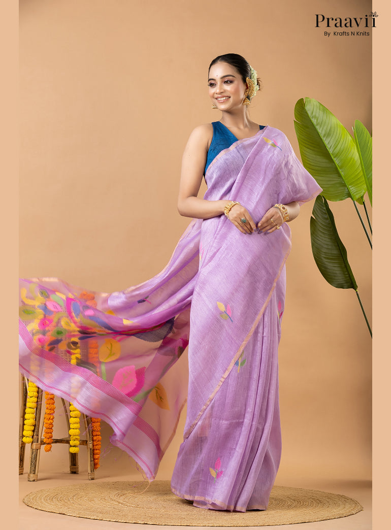 Lavender Pure Silk Linen Jamdani Saree with Muslin Pallu