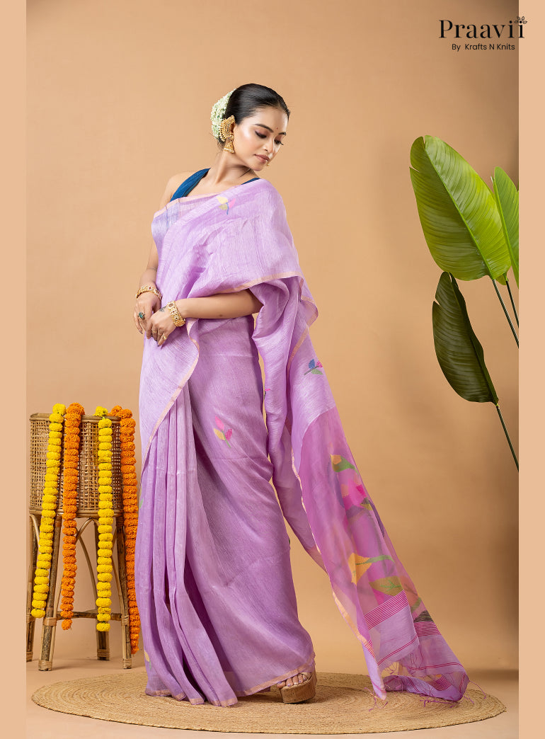 Lavender Pure Silk Linen Jamdani Saree with Muslin Pallu