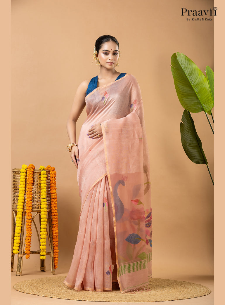 Light Pink Pure Silk Linen Jamdani Saree with Muslin Pallu