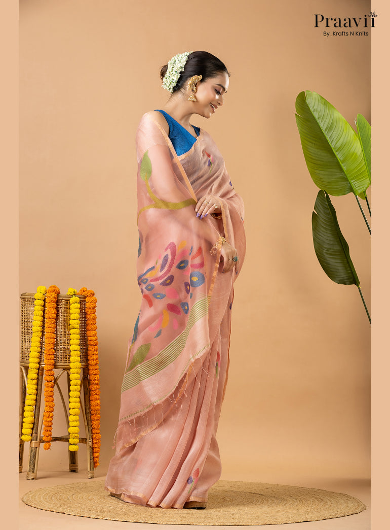 Light Pink Pure Silk Linen Jamdani Saree with Muslin Pallu
