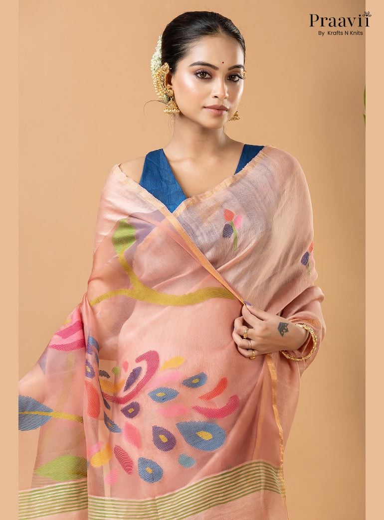 Light Pink Pure Silk Linen Jamdani Saree with Muslin Pallu