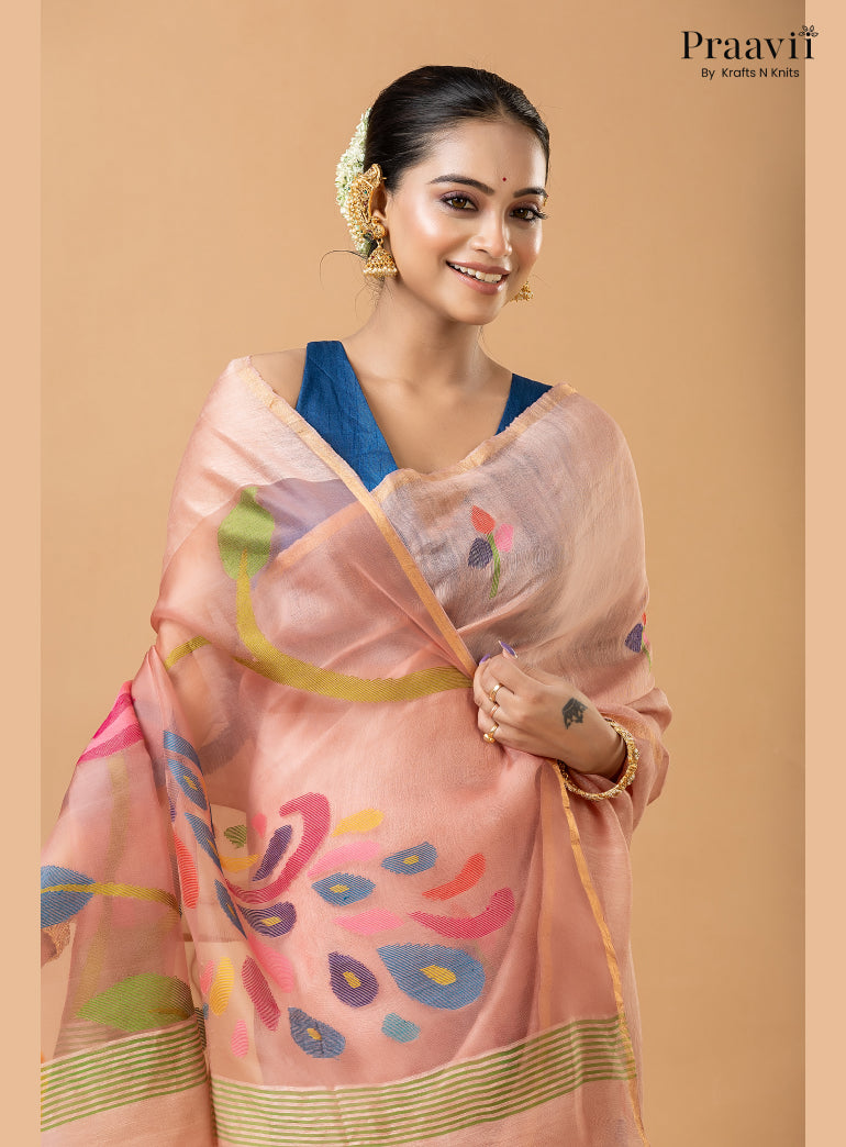Light Pink Pure Silk Linen Jamdani Saree with Muslin Pallu