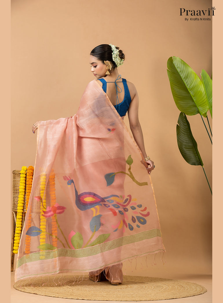 Light Pink Pure Silk Linen Jamdani Saree with Muslin Pallu
