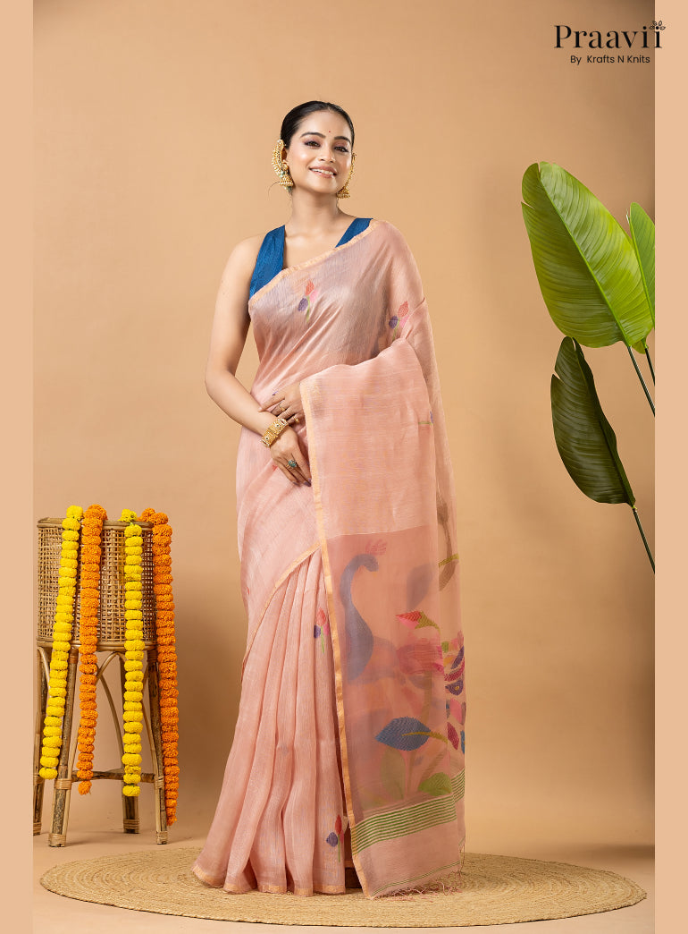 Light Pink Pure Silk Linen Jamdani Saree with Muslin Pallu