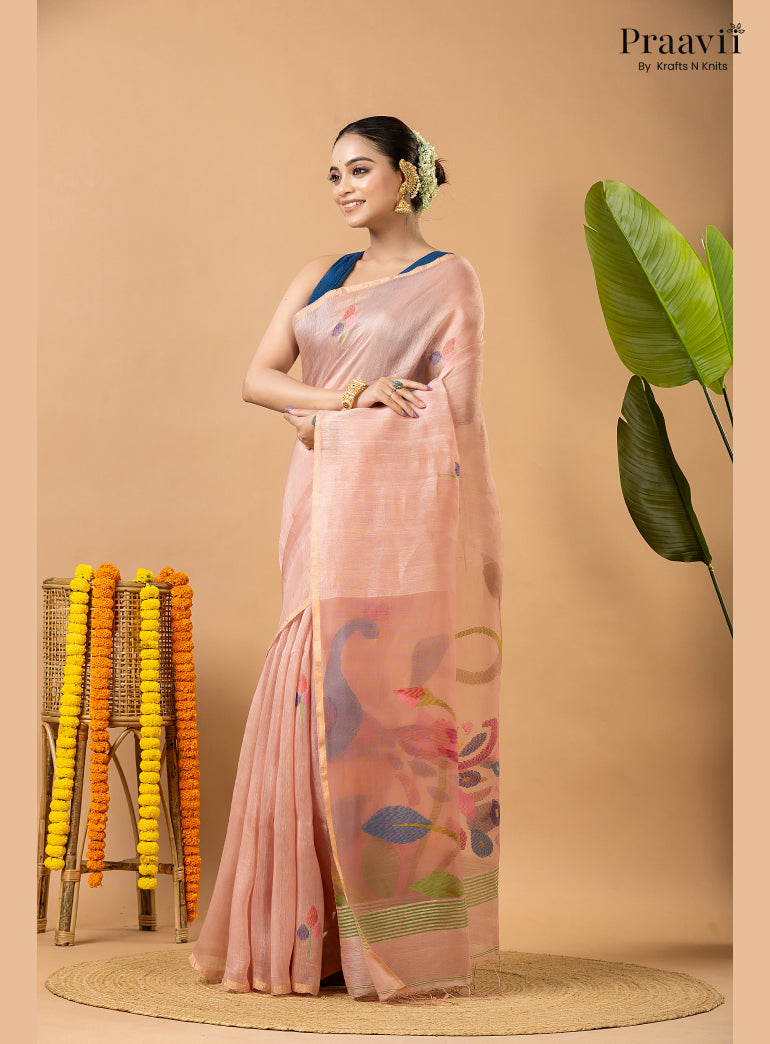 Light Pink Pure Silk Linen Jamdani Saree with Muslin Pallu