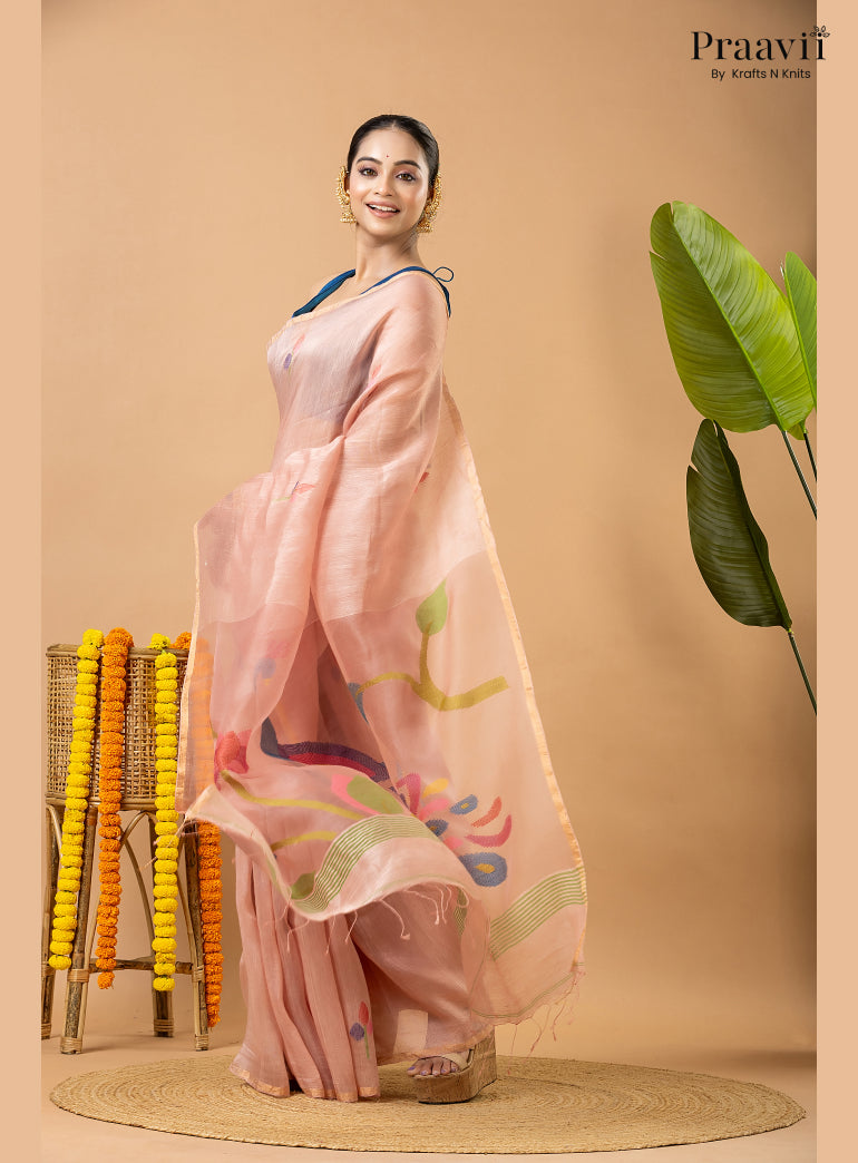 Light Pink Pure Silk Linen Jamdani Saree with Muslin Pallu