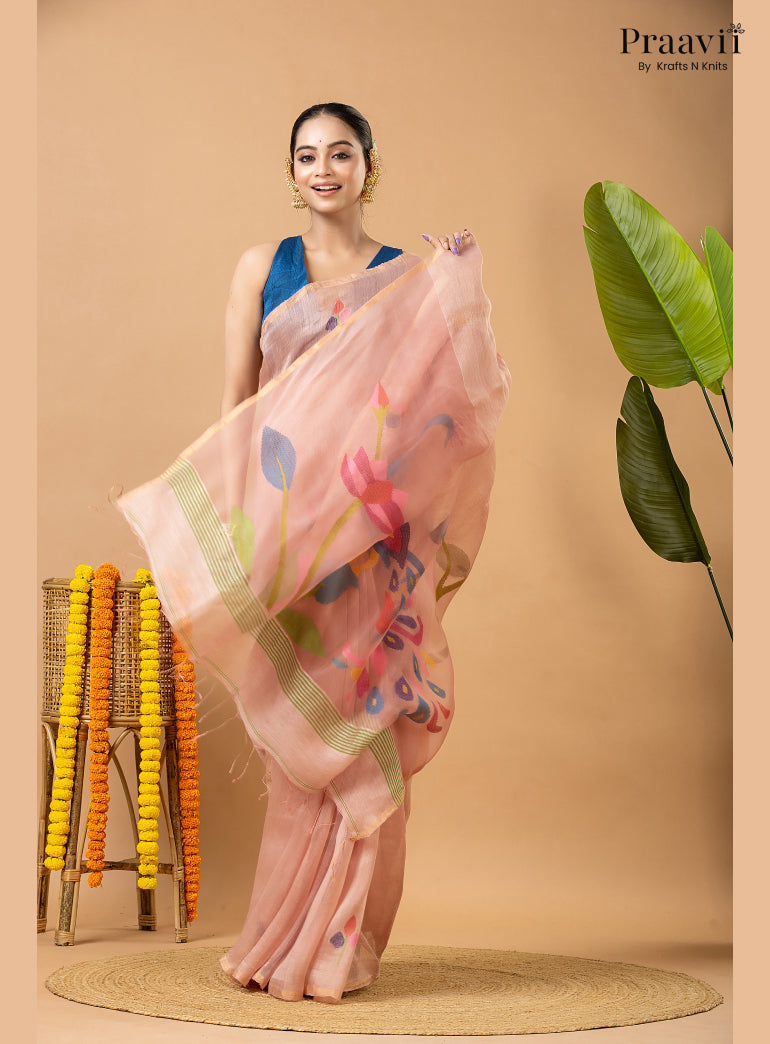 Light Pink Pure Silk Linen Jamdani Saree with Muslin Pallu