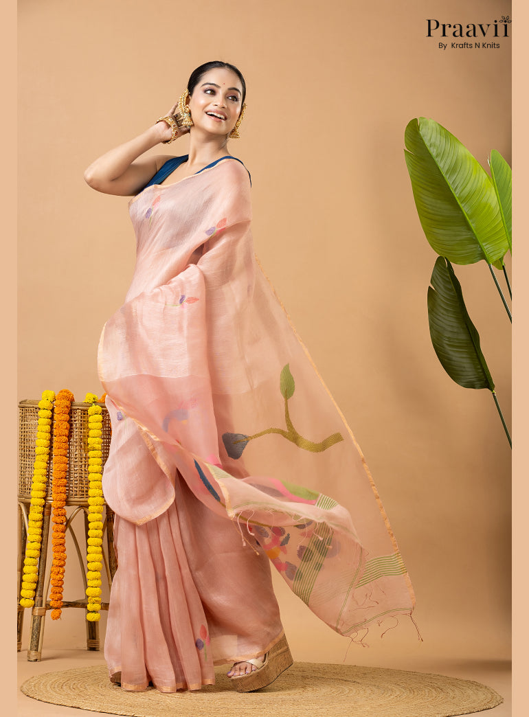 Light Pink Pure Silk Linen Jamdani Saree with Muslin Pallu