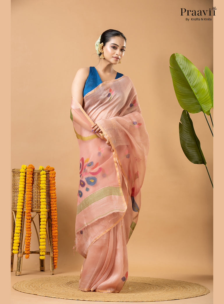 Light Pink Pure Silk Linen Jamdani Saree with Muslin Pallu