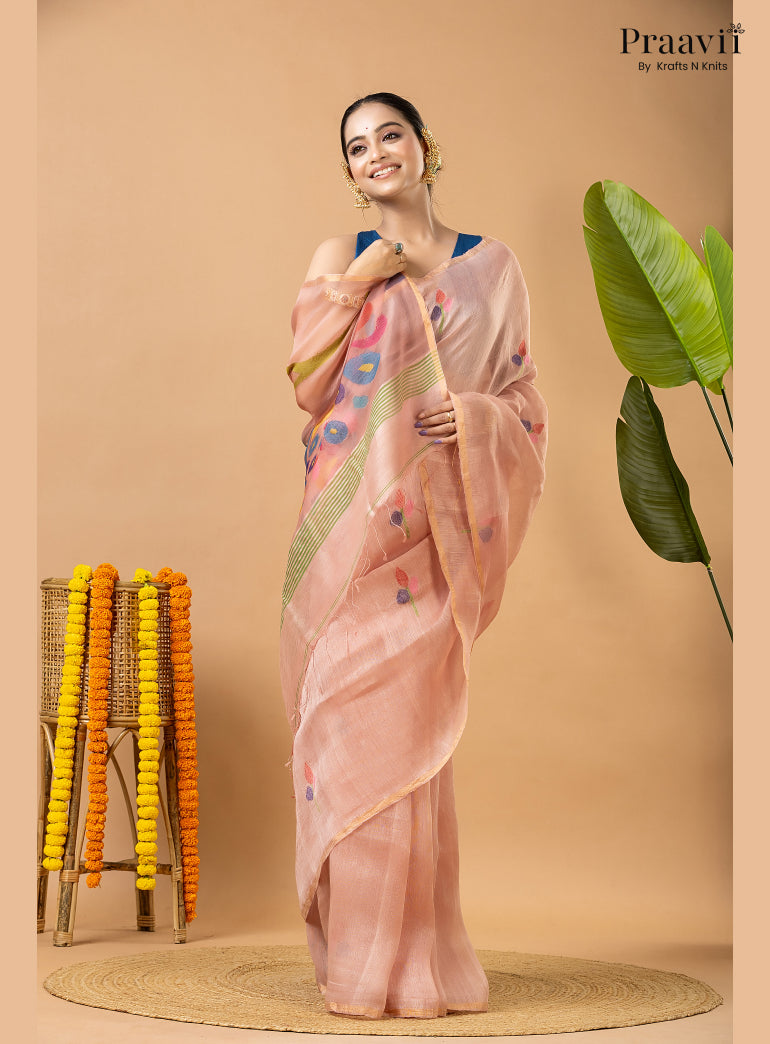 Light Pink Pure Silk Linen Jamdani Saree with Muslin Pallu