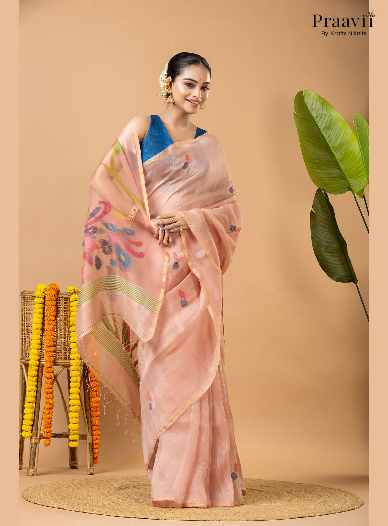 Light Pink Pure Silk Linen Jamdani Saree with Muslin Pallu