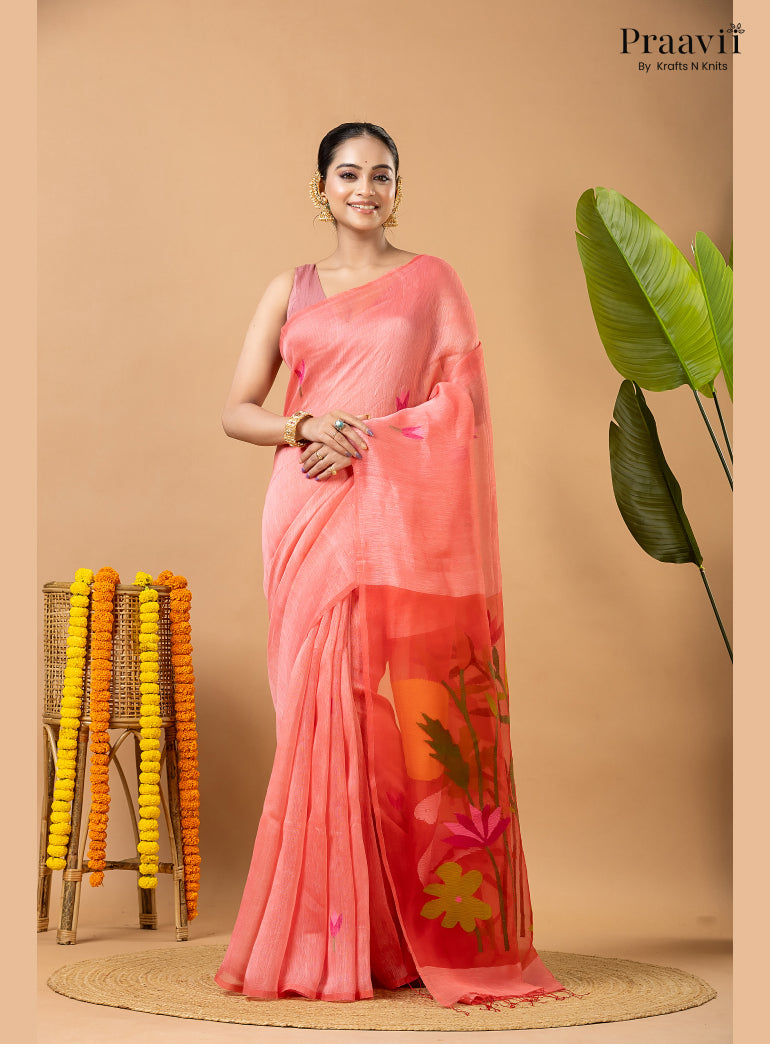 Rose Pink Pure Silk Linen Jamdani Saree with Muslin Pallu