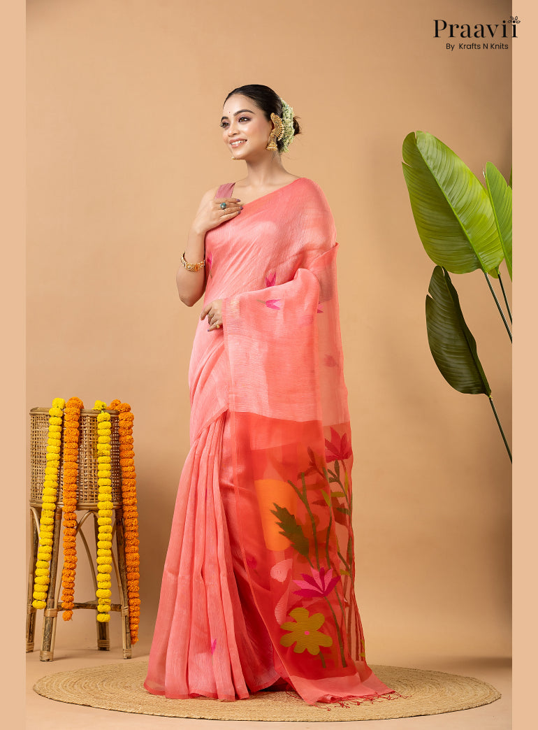 Rose Pink Pure Silk Linen Jamdani Saree with Muslin Pallu