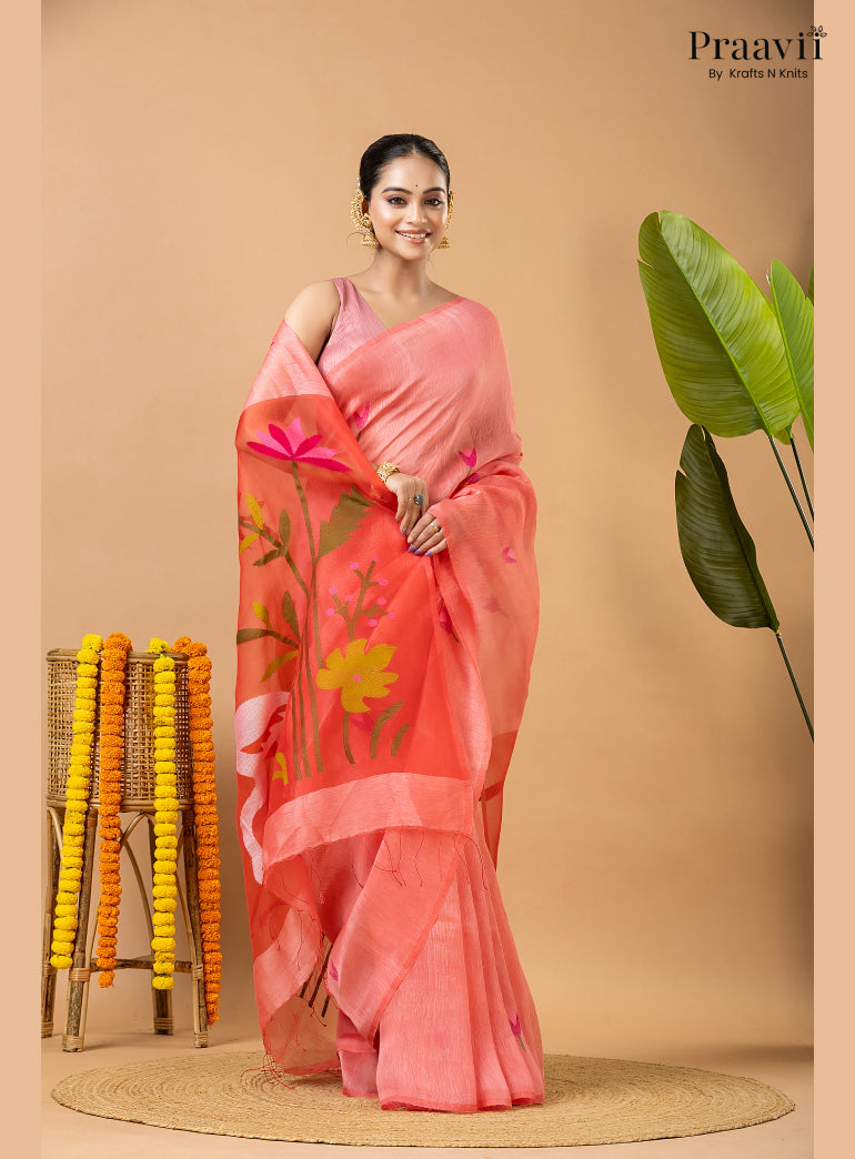 Rose Pink Pure Silk Linen Jamdani Saree with Muslin Pallu