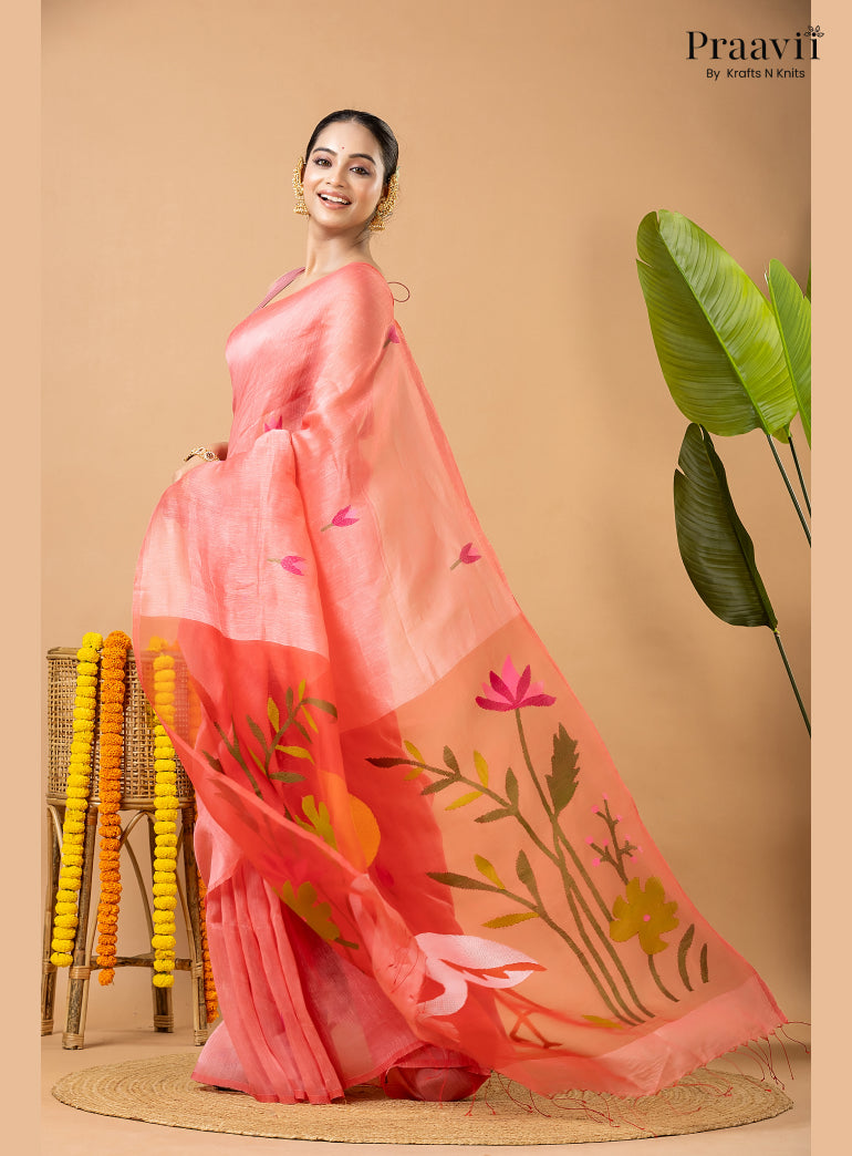 Rose Pink Pure Silk Linen Jamdani Saree with Muslin Pallu