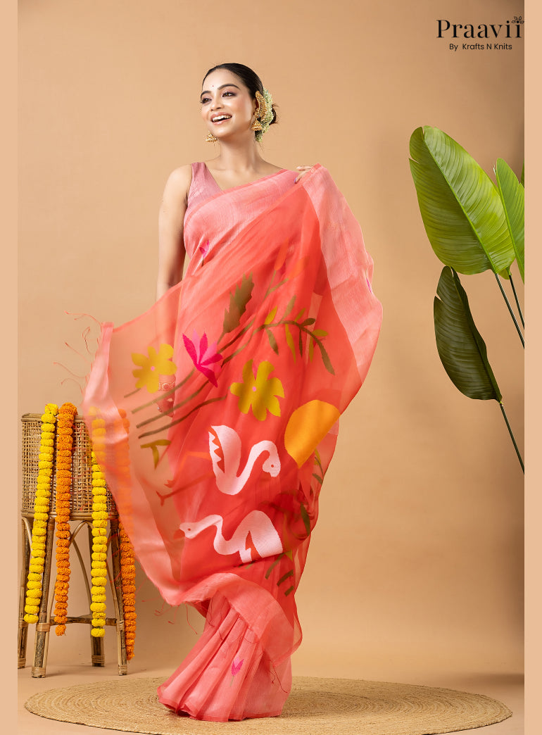 Rose Pink Pure Silk Linen Jamdani Saree with Muslin Pallu
