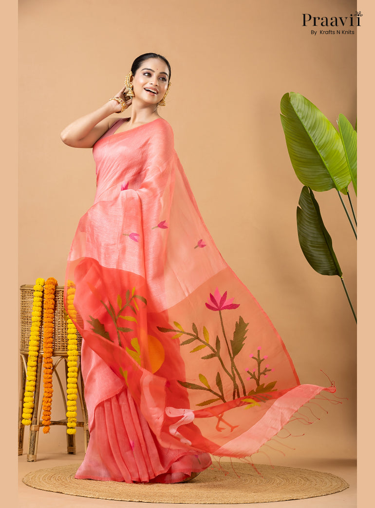 Rose Pink Pure Silk Linen Jamdani Saree with Muslin Pallu