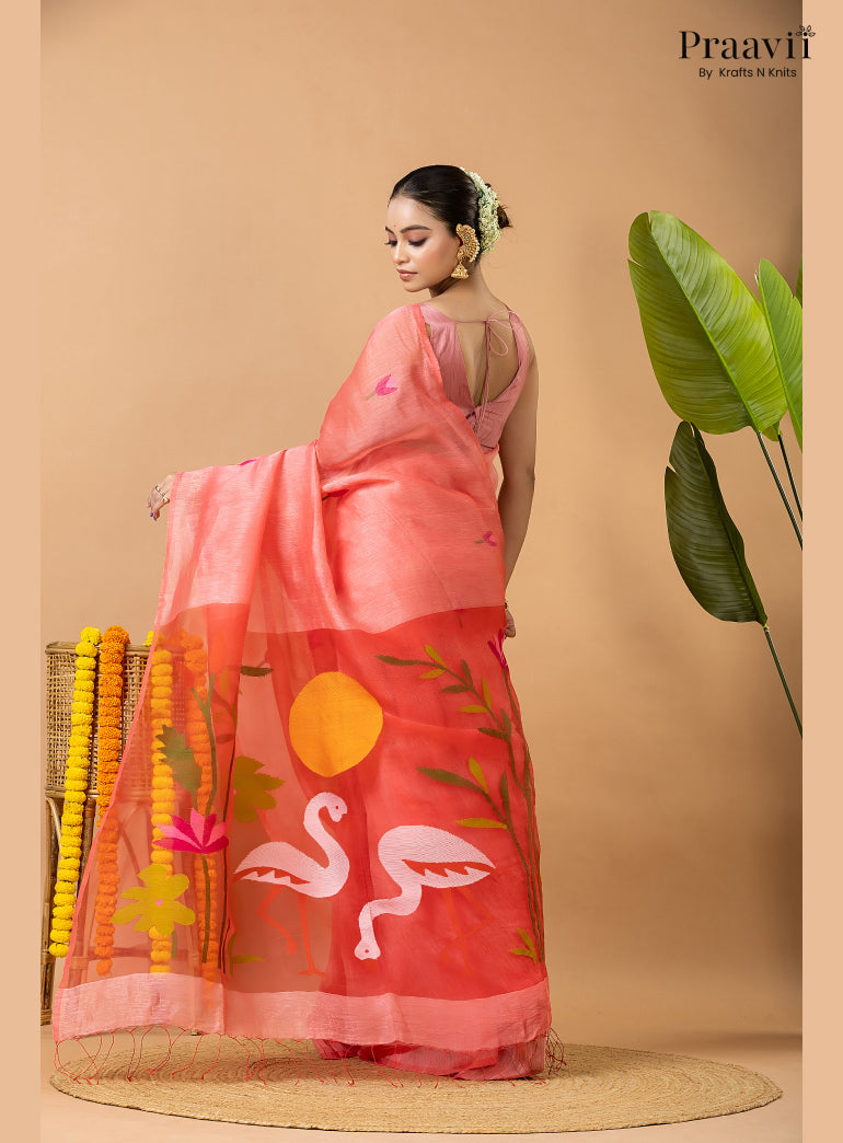 Rose Pink Pure Silk Linen Jamdani Saree with Muslin Pallu