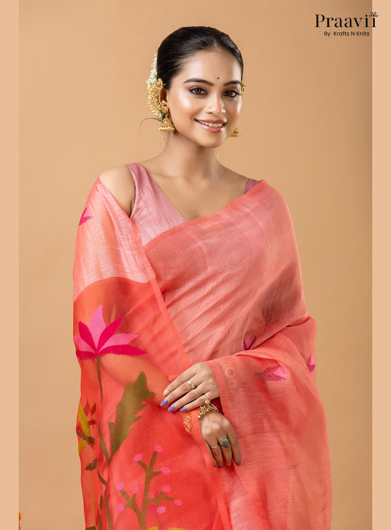 Rose Pink Pure Silk Linen Jamdani Saree with Muslin Pallu