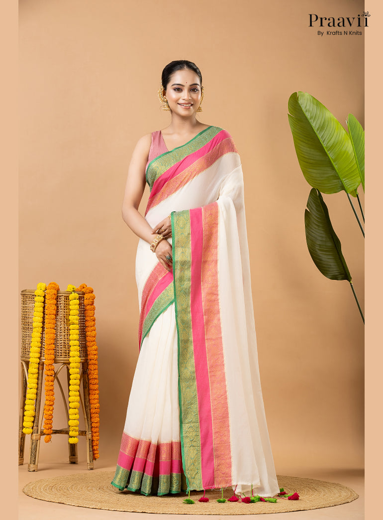 Classic White Pure Mul Cotton Saree with Banarasi Border