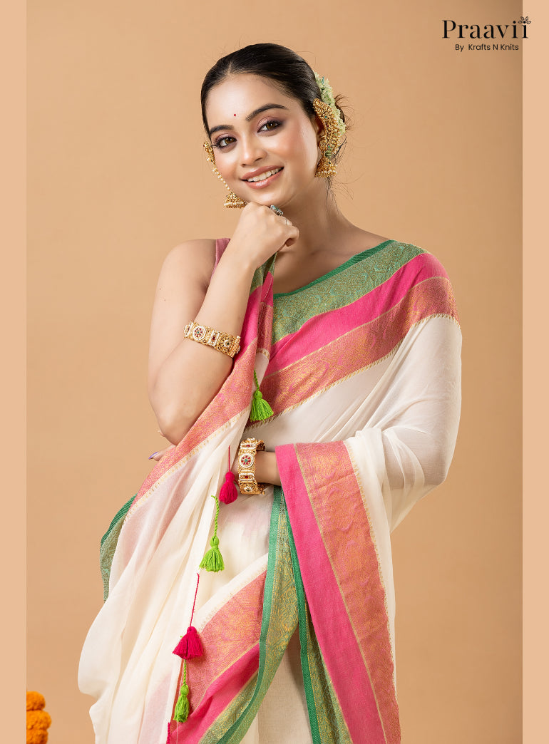 Classic White Pure Mul Cotton Saree with Banarasi Border