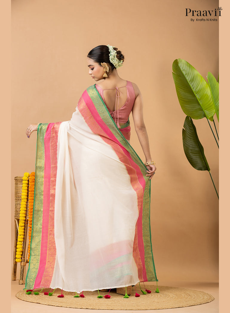 Classic White Pure Mul Cotton Saree with Banarasi Border