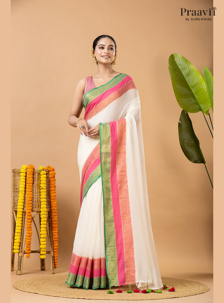 Classic White Pure Mul Cotton Saree with Banarasi Border