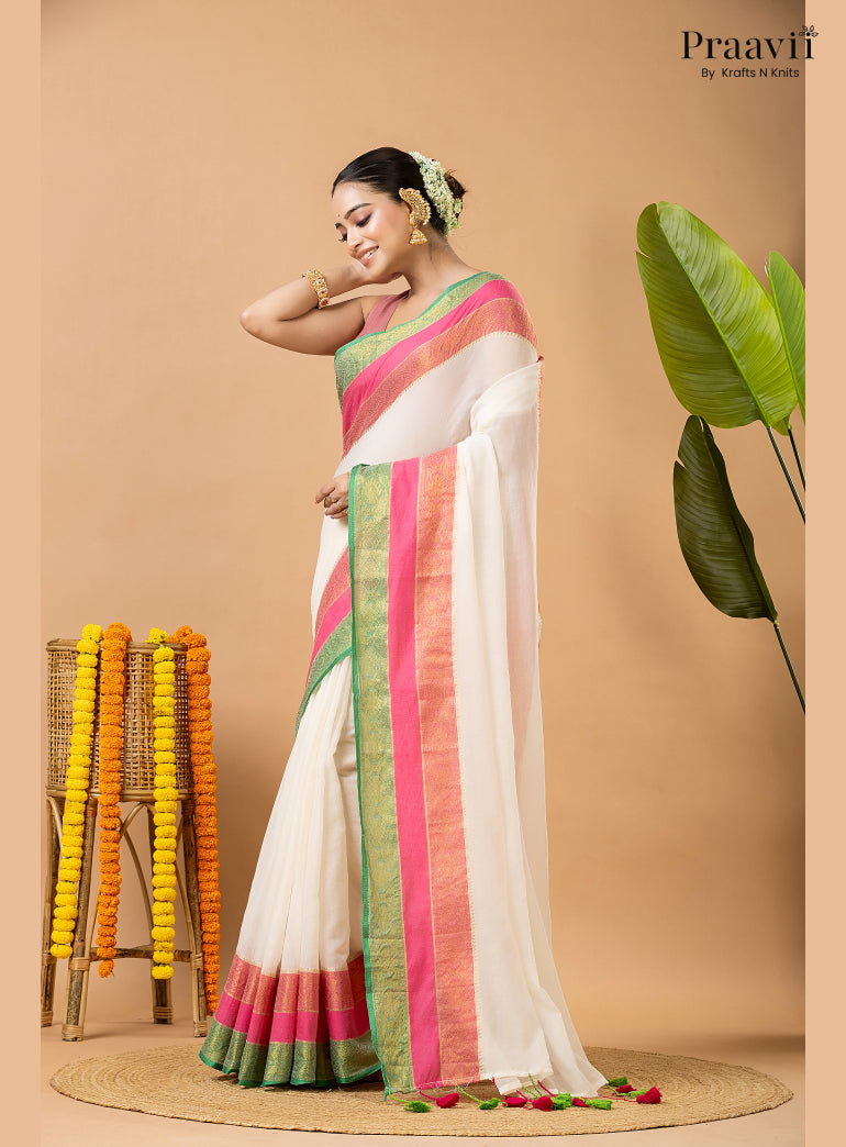 Classic White Pure Mul Cotton Saree with Banarasi Border