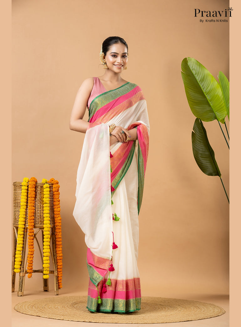 Classic White Pure Mul Cotton Saree with Banarasi Border