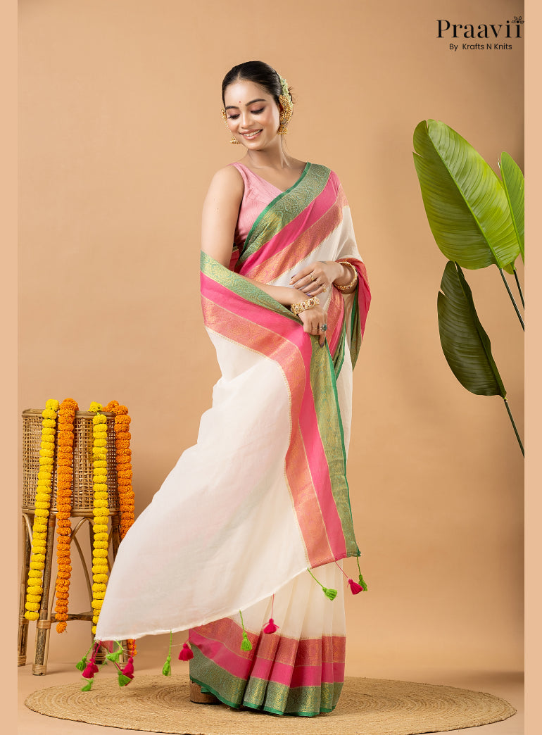 Classic White Pure Mul Cotton Saree with Banarasi Border