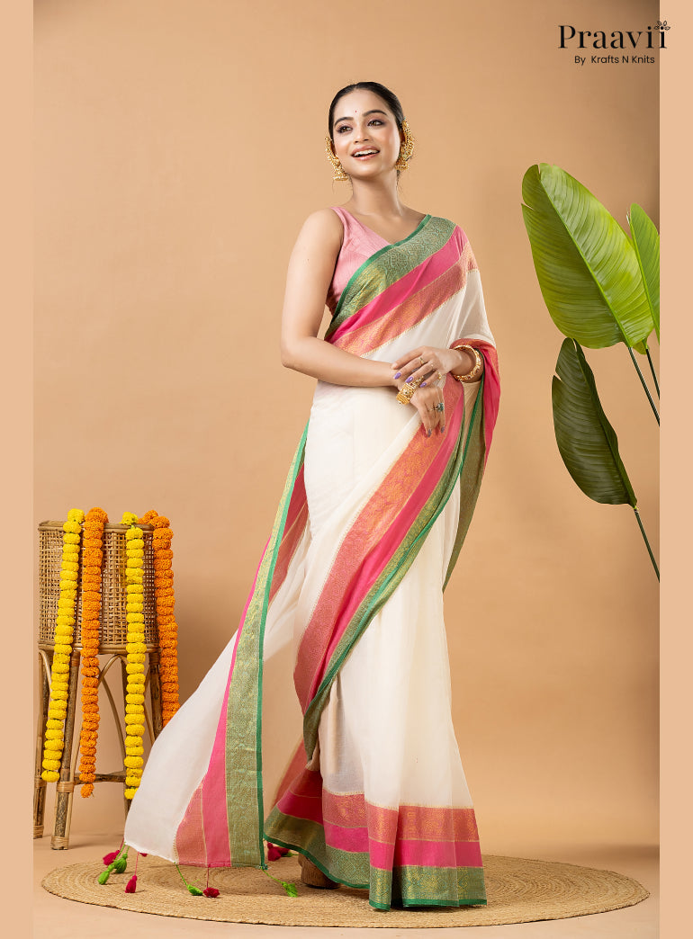 Classic White Pure Mul Cotton Saree with Banarasi Border