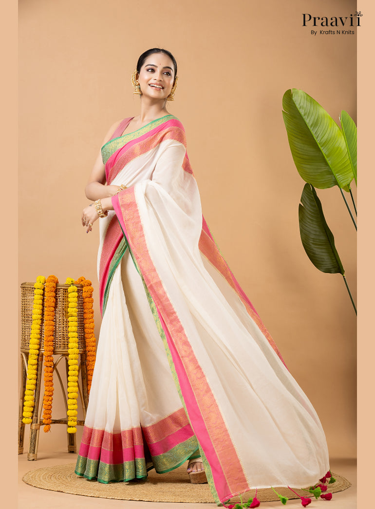 Classic White Pure Mul Cotton Saree with Banarasi Border