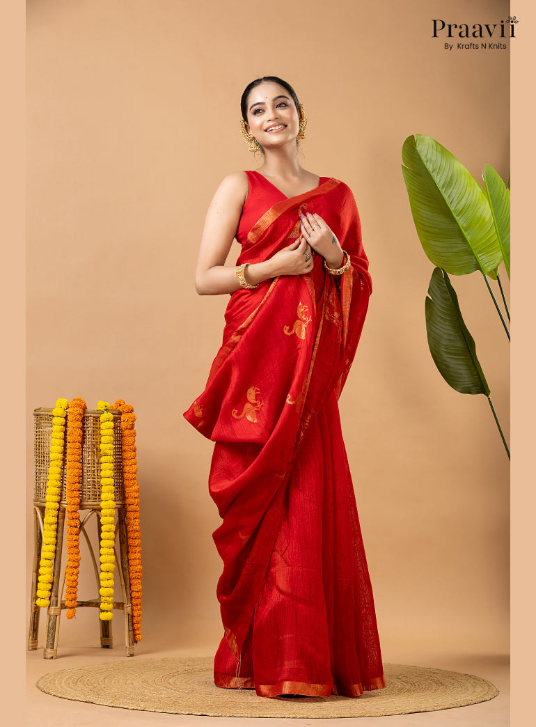 Scarlet Red Pure Matka Bird Jamdani Saree