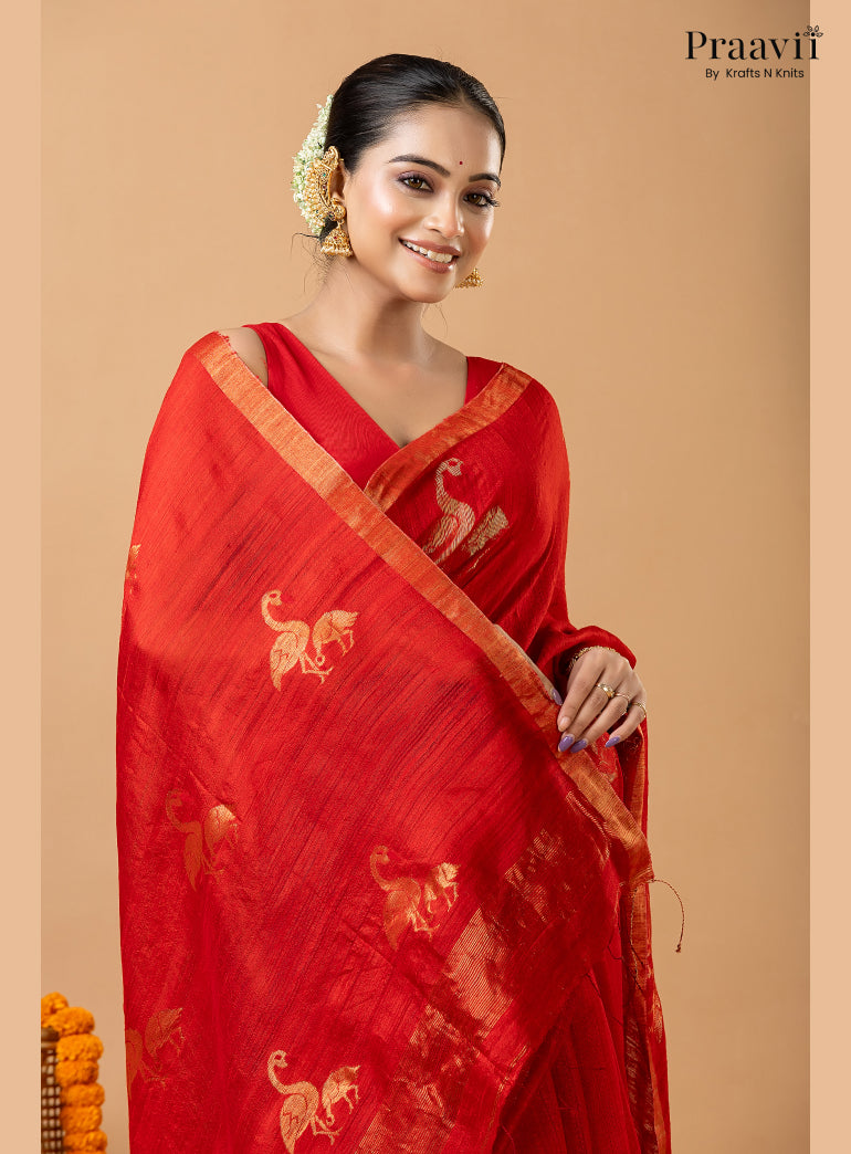 Scarlet Red Pure Matka Bird Jamdani Saree