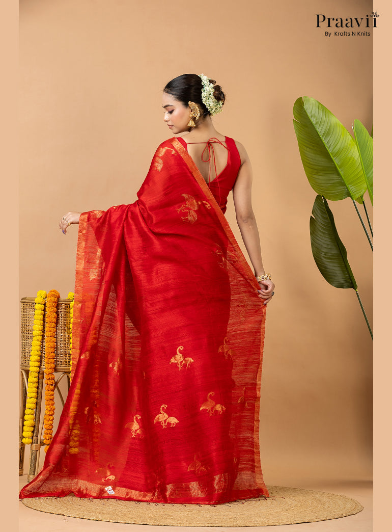 Scarlet Red Pure Matka Bird Jamdani Saree