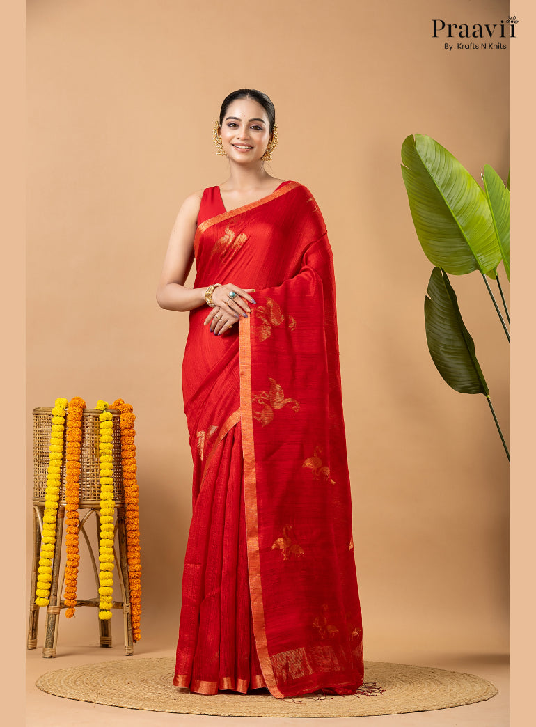 Scarlet Red Pure Matka Bird Jamdani Saree