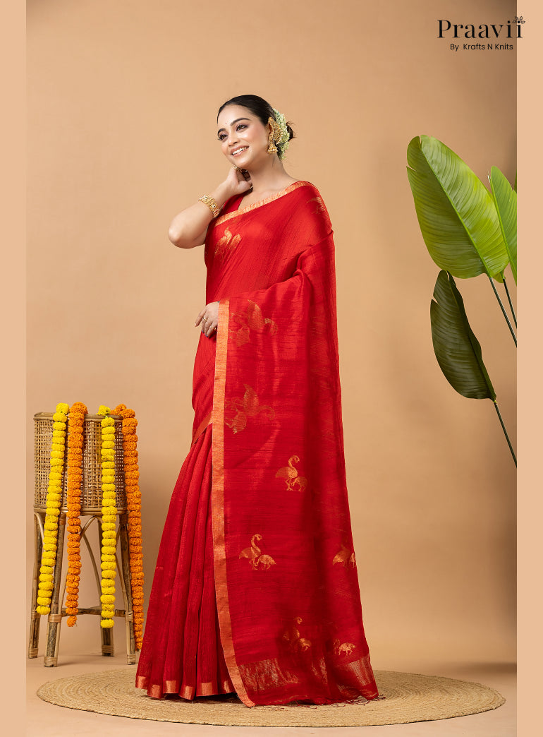 Scarlet Red Pure Matka Bird Jamdani Saree