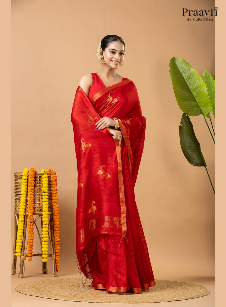 Scarlet Red Pure Matka Bird Jamdani Saree