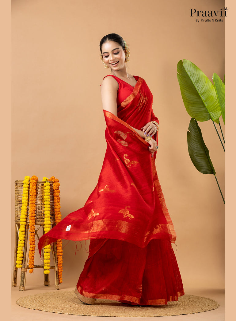 Scarlet Red Pure Matka Bird Jamdani Saree